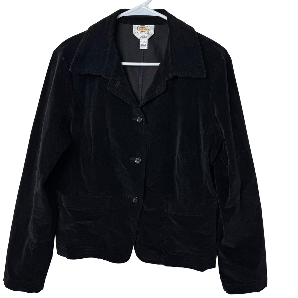 Talbots Blazer Women 12P Black Velvet Stretch Button Front Pocket Jacket